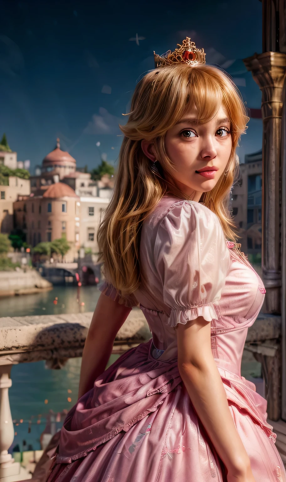 absurde, Une fille,Mi-poitrine, oeil d&#39;étoile, (Princesse Peach), rougir, (Réaliste:1.5), (yeux bleus:0.8), (chef-d&#39;œuvre, Extremely détaillé CG unity 8k wallpaper, la plus haute qualité, haute résolution:1.2), (ultra_détaillé, 超haute résolution:1.2), (pixiv:1.3), éclairage parfait, clair, (Une fille:1.4), (Belle fille:1.2), Visualisez vos spectateurs, Moteur irréel, Lumière latérale, visage parfait, détaillé face, frange, corps parfait, Beaux yeux, joli visage, (Peau claire:1.4), Idole, ulzzang-6500-v1.1, Ville, 