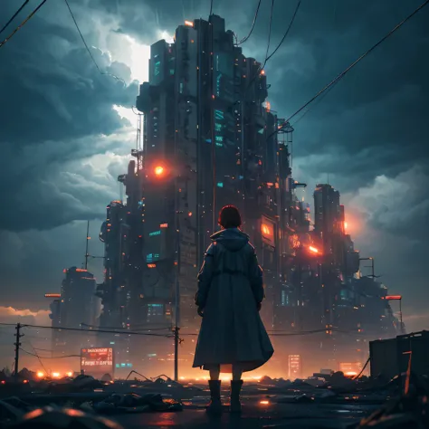Overall plan, distant plan, 1 woman in a raincoat, (looking into the camera:1.1), pixel, heavy rain, neon lights, dangling sprin...