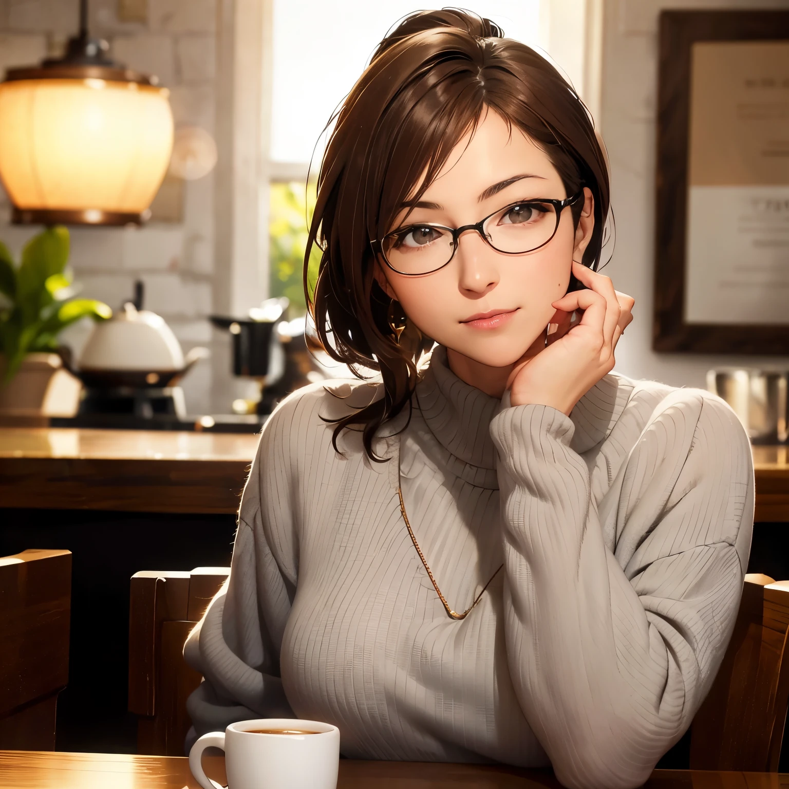 Masterpiece, top quality, 4K resolution,
sitting, enjoying a cup of coffee,
30-age woman, coffeeshop,
with a ponytail, made of brown curly hair,
wearing glasses, highlighting her beauty,
Detailed facial features, natural skin texture,
acute, anatomically correct,
Glasses framing her pretty face,
sharp focus on her expressive eyes,
brown irises expressing a hint of tiredness and contentment,
Lip gloss subtly enhancing her lips,
dressed smartly in a blouse and skirt,
coffee mug in hand with a warm beige h