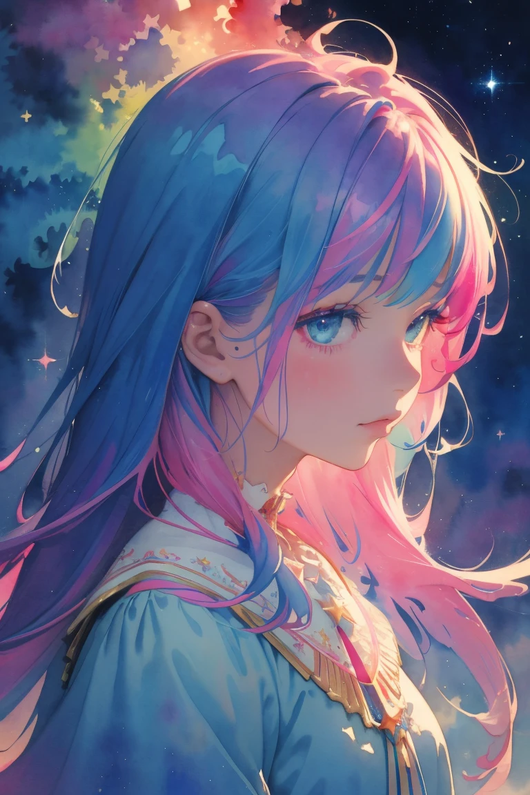 (masterpiece, top quality, best quality,watercolor (Moderate),official art, Beautiful and beautiful:1.2),(1 Girl:1.3), (Fractal Art:1.3),Upper Body, from the side, Looking at the audience,model,(Rainbow Hair,rich and colorful hair,half blue half pink hair:1.2),water,liquid, cloud,rich and colorful, Starry Sky,Star,