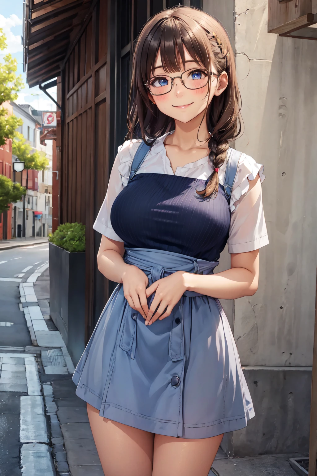 (high quality, High resolution, The finer details), Sidewalk, Side view, alone, girl, Braid, , Sparkling eyes, (large round frame glasses), (Beautiful Eyes), Big Breasts, ((A kind smile)), blush, Sweat, Oily skin, (focal plane), Shallow depth of field,Disciplined smile,Shadowy Face，Knit dress