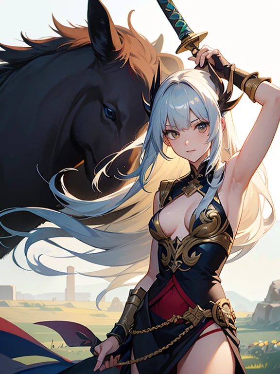 woman　slender　Fantasy　sword士　Light clothing　armor　sword　Blonde　 Silver Hair　 Red hair　 Green Hair　Blue Hair　Half naked　Backwards　Landscape　