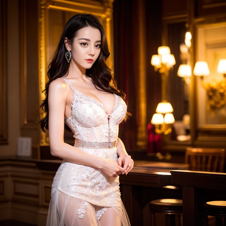 ((Top quality、8K、Masterpiece:1.3))、Extremely delicate beautiful girl，full-body shot，Huge breasts，Bigger breasts，Amazing breast size，G cup。Wear big earrings，Very white skin，moist red lips，Very thin waist，Very thin thighs，Big Ass，fair and smooth skin，Smooth and fair skin，flawless skin，Fair and shiny skin，Cold white skin，Camera on chest，Deep cleavage，showing her breast，（Big V-neck exposed breasts），Bright Light，Red thin lace dress，Red tulle skirt，Lower body exposed，Bare shoulders，Light pink hair，The hair is light pink，blizzard，Snow Mountain，Sunset，lake