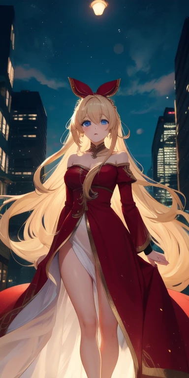 (work of art), (masterpiece), (best quality), a blonde girl, (blue eyes), wearing  nothing, brightly lit night city background, red bow, butterflies in golden circle, flowing hair , but g , full figure head to toes , standing beside poles 