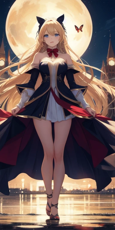 (work of art), (masterpiece), (best quality), a blonde girl, (blue eyes), wearing  nothing, brightly lit night city background, red bow, butterflies in golden circle, flowing hair , but g , full figure head to toes , standing beside poles 