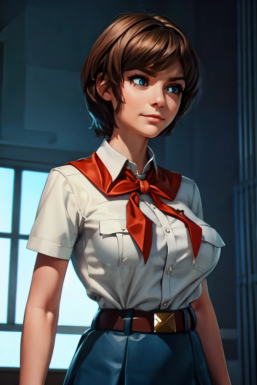 dark brown hair, short disheveled hair, raised eyebrows, sparkling eyes, blue eyes, shy smile, atmospheric perspective, anime style, cinematic lighting, glowing light, Wide-Angle, 8k, best quality, masterpiece, high details, high quality, slim and fit young girl, perfect flat breast, slim waist, pioneer neckerchief, blue skirt, bangs, white thight shirt, short sleeves, collared shirt, belt, eyelashes, red neckerchief, breast pocket