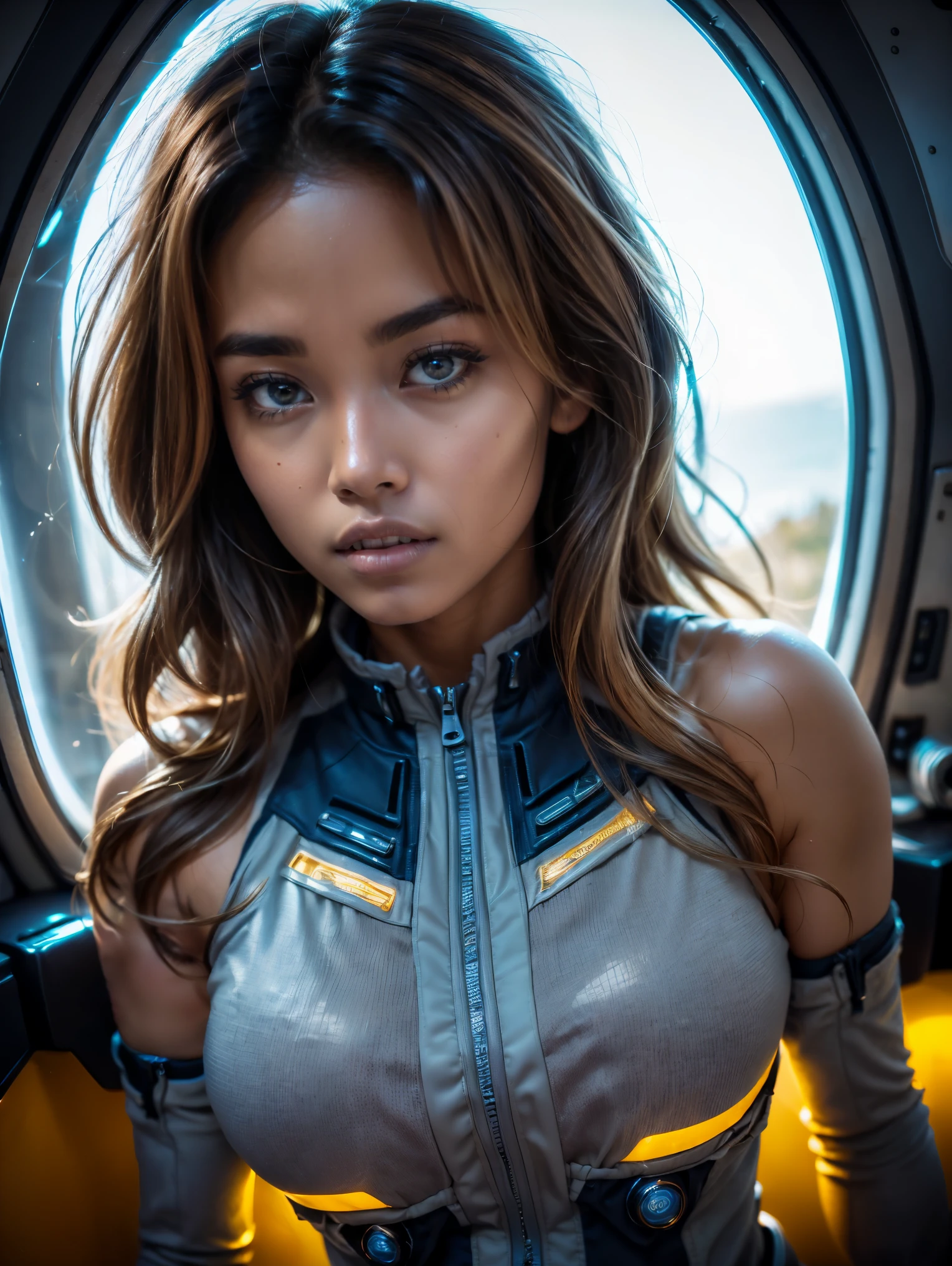 (Photorealsitic:1.4)、female、45 year old、Soryu Asuka Langley、Eva Unit 2 pilot、Colossal 、extremely busty,A slender fearful woman、((((Wearing a gray pilot suit))、top-quality、extremely delicate and beautiful、high resolution、beautiful illuminating、1girl in space station、Earth Eye、Brown hair、(So real that you can mistake it for a photo)、illuminating the face、illuminating、face perfect、(Ultra-detailed eyesnose-mouth-tongue)、sexypose、illuminating the face、(Draw the whole body)、face perfect、space station,, upper body, cowboy shot, closed mouth, putri cinta, putr1c1nta, glowing yellow and orange security overall