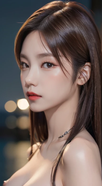 ((night scene、realistic light、best image quality、8K、masterpiece:1.3))、1 girl、Beautiful slim figure:1.4、(brown hair、medium breasts:1.3)、super detailed face、detailed eye、double eyelid、(((Topless)))