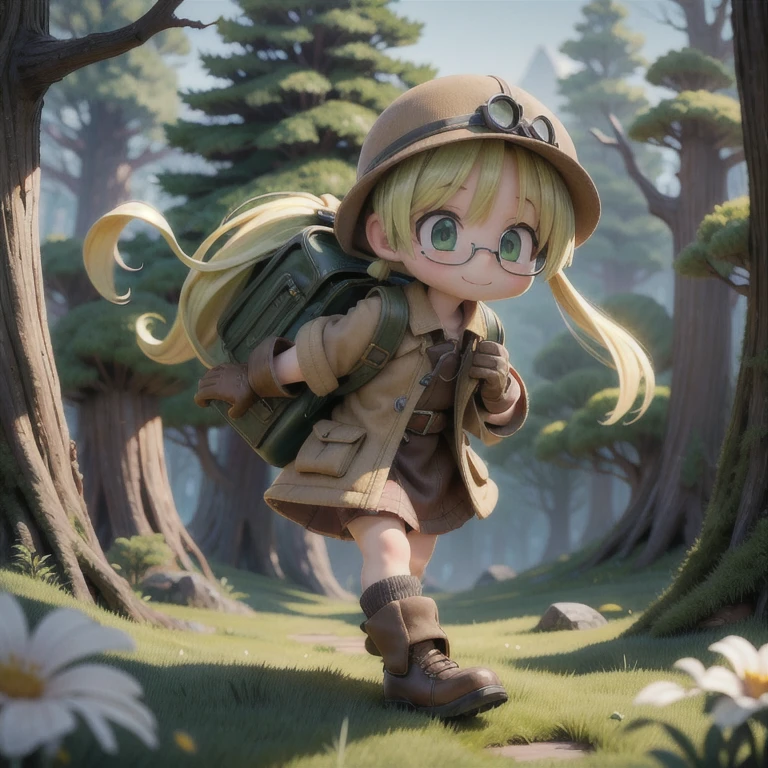 (masterpiece, highest quality:1.2), ((masterpiece, highest quality, Best image quality, High resolution, Realistic, RAW Photos, 8k)), 
((Riko(Made In Abyss):1.2), 1girl, (solo:1.5), more details in eyes, cute, long twintails, low twintails, blonde hair, green eyes, glasses, gloves, whistle around neck, coat, short sleeves, overcoat,(backpack, brown bag), smile), expedition, adventure, valley, cliff, grass, forest,
Side viewing angle, 1:25 miniatures, figure, very happy, full body, three dimensional, Octane Rendering, Perfect Face, Collagen Texture((flowing hair))