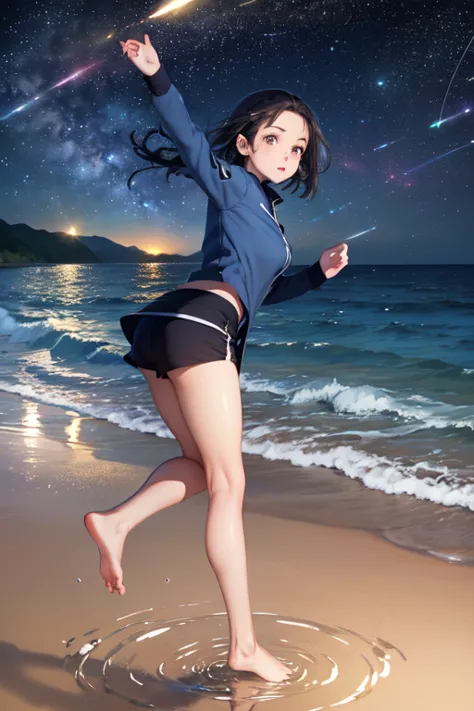 ((masterpiece, highest quality)), at night, light clothing, girl, put one foot in seawater with only the toes, girl standing, gi...