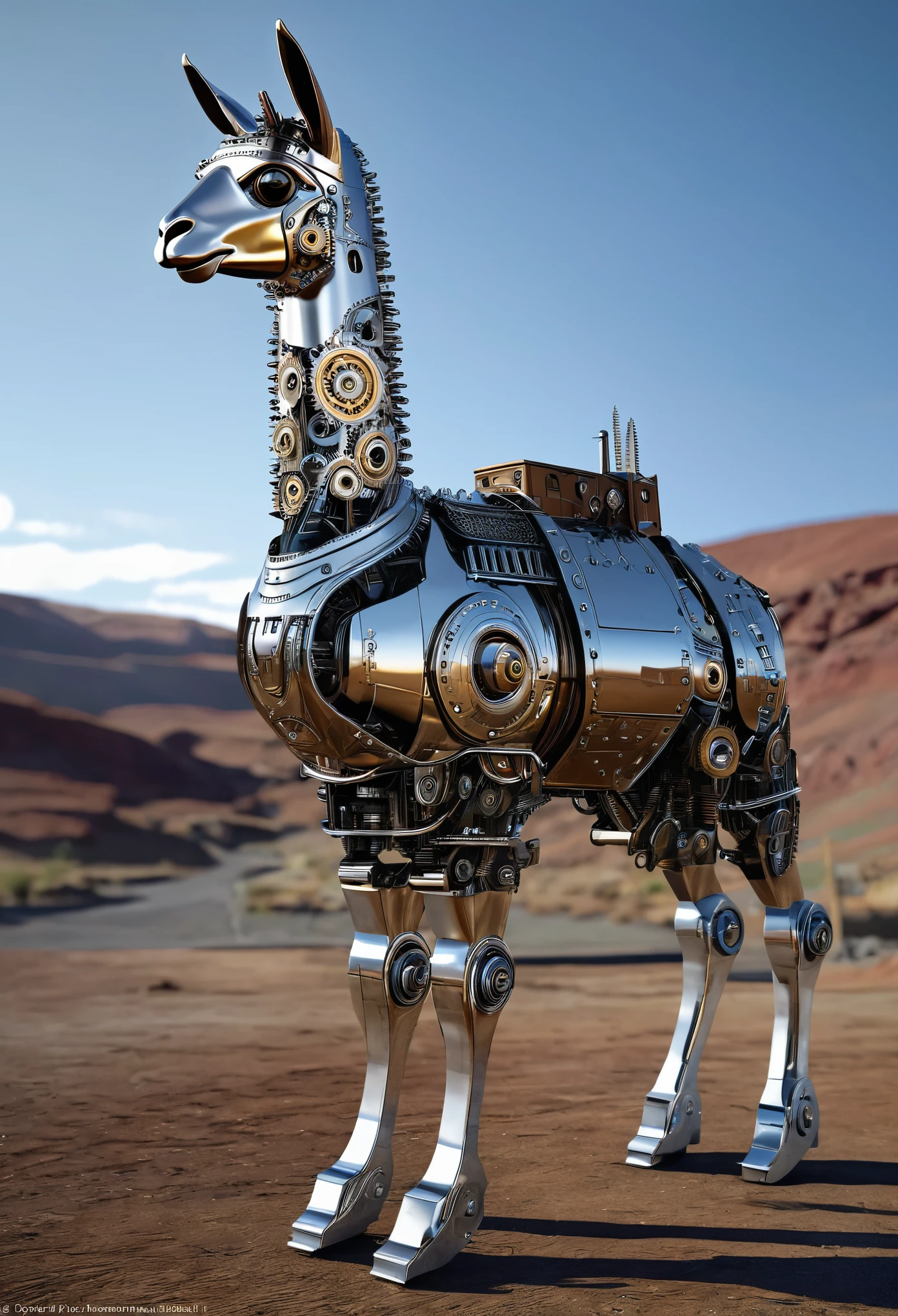 A detailed, realistic depiction of a mechanical llama. The llama is constructed from sleek, futuristic metal parts, with intricate gears and levers visible throughout its body. Its fur is replaced with sleek, shiny plating, and its eyes glow with a bright, artificial light. The llama stands tall and proud, displaying its mechanical magnificence in a desolate, industrial landscape