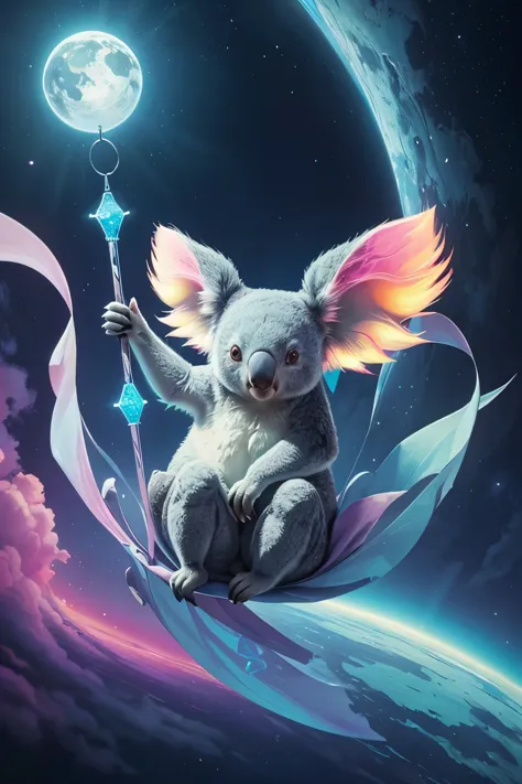 Draw a koala with a whimsical expression, defying gravity as it floats gracefully among the fluffy, cotton-like clouds in a surr...