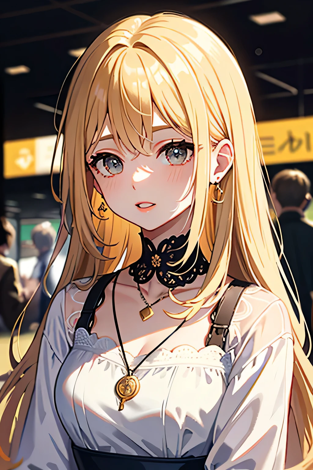 ((highest quality)), ((masterpiece)), (detailed), Perfect Face、surprise、Hide in your mouth、blonde、Smooth Hair、Long Hair、Earrings、necklace、airport、An illustration