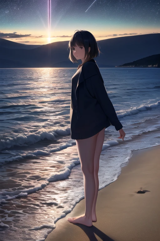 ((masterpiece, highest quality)), At night, Light clothing, girl, Put one foot in seawater with only the toes, girl standing, girl sideways, girl between the horizon and the sea, Viewed from the side, Ripples spread from my toes, The site is approximately 20 meters away, On the Sea, At night, the whole scene is shining, There is a meteor shower