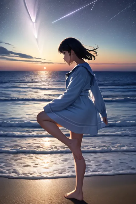 ((masterpiece, highest quality)), At night, Light clothing, girl, Put one foot in seawater with only the toes, girl standing, gi...