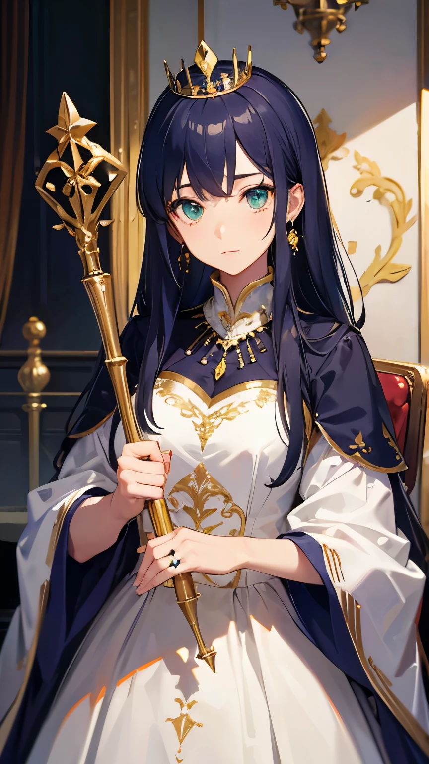 (gradient hair), navy hair, hair over shoulder, crown, eyeball, earrings, jitome, anime, anime style, UHD, ((textured skin, masterpiece, 8k)),  Roman Empire, Empress, hand holding a staff, throne room, dress embroidered with gold and silver, jeweled ring, green sapphire necklace, perfect face, detailed eyes