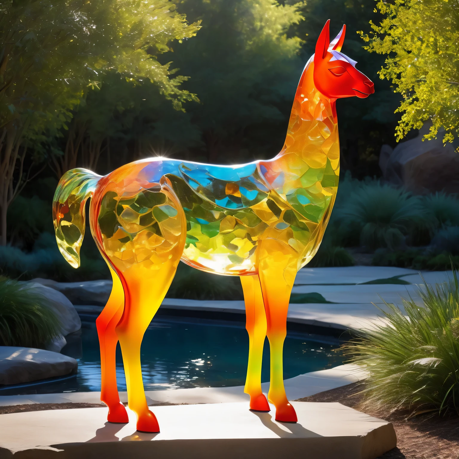 vibrant colors glassy llama sculpture,shattered reflections,sunlight,crisp details,sparkling surface,modern art,translucent material,abstract,sculpture garden,dynamic pose,unique form,ethereal,graceful lines,dreamlike atmosphere,bright shadows,curved contours,playful,contemporary masterpiece,luminous,subtle textures,splintered light,harmonious composition,dappled sunlight,smooth curves,imaginative,youthful spirit,sculptural textures,glowing,lyrical motion,delicate balance,emerging from nature,serene expression,fluid shapes,dynamic mix of transparency and opacity,straight edges,intertwined glass,mesmerizing,detailed craftsmanship,lively presence,marvel of precision,artistic marvel,modern symphony