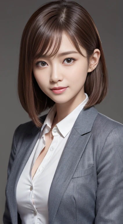 (Highly detailed CG Unity 8K wallpaper, highest quality, Super detailed, look at the camera:1.2, light shines on your face:1.5, gray background, professional lighting), Japan female, 26 years old, Upper body composition with brightly lit face. She has an oval face, soft arched eyebrows, bright expressive eyes,, pronounced nose, And a friendly smile. Her hair is shoulder-length, straight, Dyed a light chestnut color. she is wearing a smart casual blouse, Probably soft colors, Paired with a chic blazer, Embody her lively and sociable personality