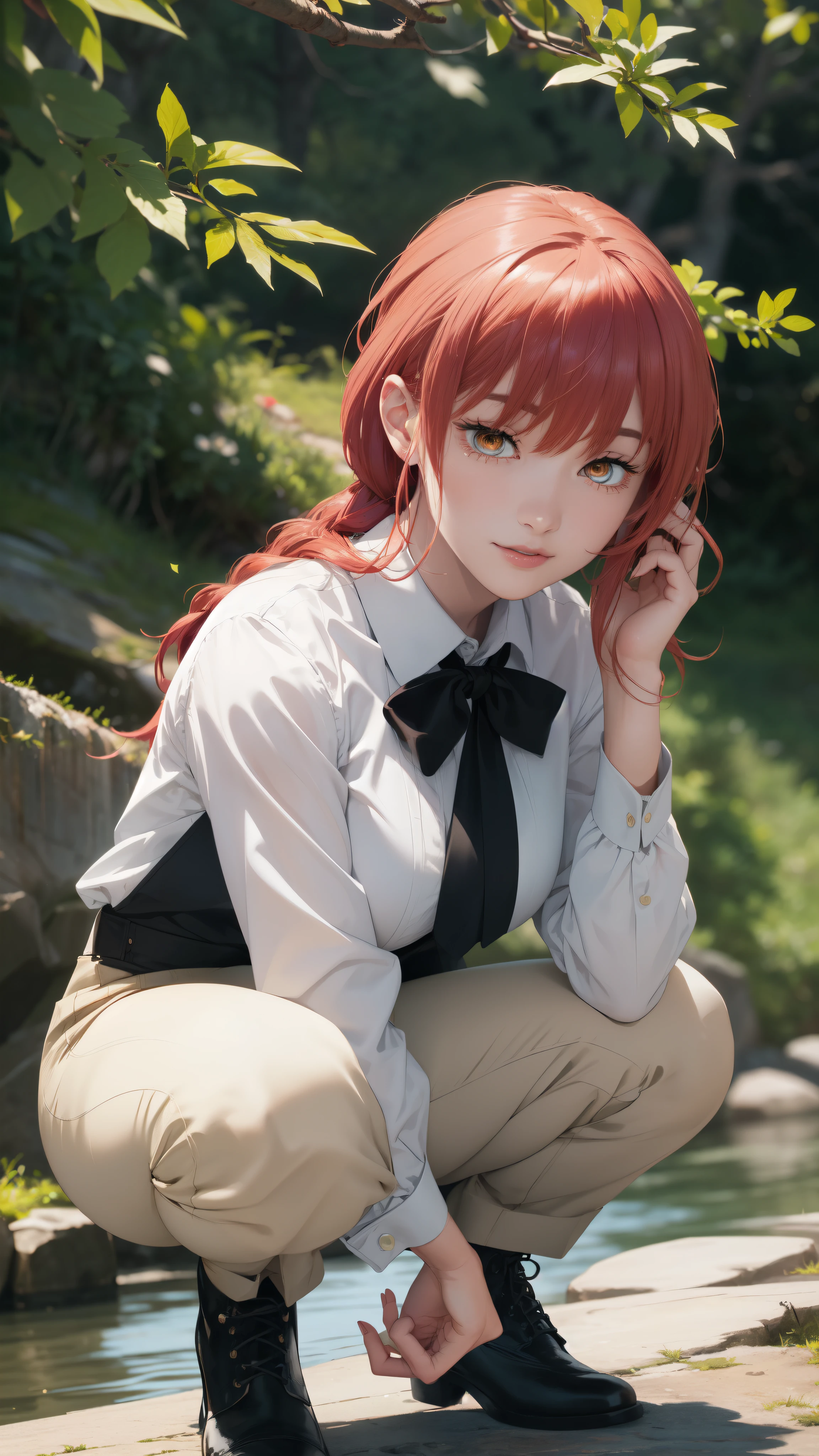 ((masterpiece, Best Quality, high resolution, Perfect Pixel, 8K))), 1 girl、medium thighs、full body seen、 ((Red gorgeous hairs))、(( Beautiful eyelashes、Realistic eyes))、 ((Detailed face, Blushing:1.2))、((Smooth texture:0.75, Realistic texture:0.65, Photorealistic:1.1, Anime CG style))、Dynamic Angle、(Wearing White shirt、Black formal pant、Black tie、Squatting on a river stream、Looking somewhere for poses、river stream、beautiful mountains、Beautiful lightening、perfect posing、wind breeze、hands on her hairs waving、wavy hairs、walking forward)、Perfect realistic representation of face、seducing look at viewer、medium breasts、beautiful portrait、very High quality、slim figure、ultra high definition、 insanely detailed face、ultra high quality、ultra high clarity、best quality)、insanely detailed dress、realistic representation of a face、beautiful curvious body、Black formal shoes、white skin、best image quality、best clarity、 highest resolution、8k resolution、ultra high resolution、beautiful smile、beautiful eyelashes、Gorgeous face、gorgeous representation of a face、perfect body、erotic face、dynamic lightning、shiny skin、bokeh:1.2、Full body shot、professional photograph