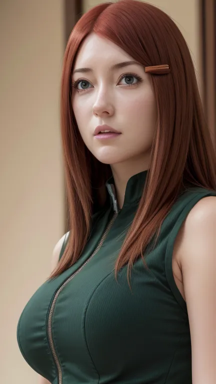 uzumaki_kushina, large_breasts, standing, solo, kushina_green_dress, masterpiece, best quality, detailed face, detailed eyes, hi...