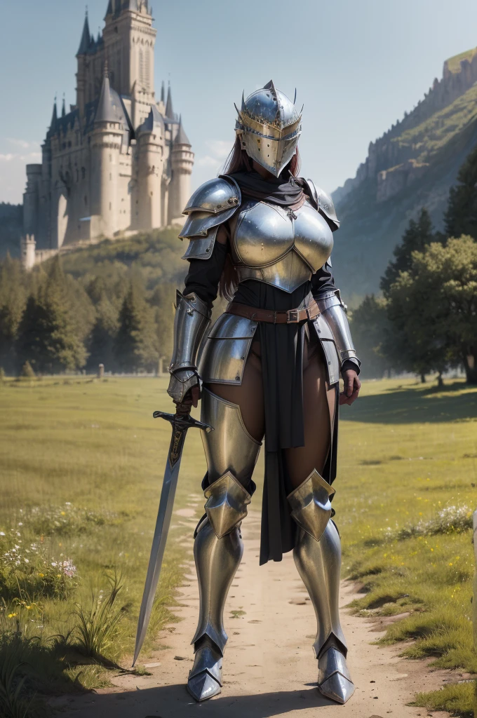 (masterpiece, best quality, ultra detailed, absurdres:1.5), 1girl, (sexy, beautiful woman, perfect face, perfect eyes, perfect female body, medium breasts:1.5), (Sword_Helm, long hair, holding weapon, boots, belt, sword, armor, holding sword, helmet, shoulder armor, gauntlets, sheath, headwear removed, high heel boots, pauldrons, breastplate, armored boots, greaves, knight, helmet removed, ((holding helmet)), plate armor, ), (full body, standing, outdoors, grassland, forest in background, castle in background), perfect lighting, smooth, hdr