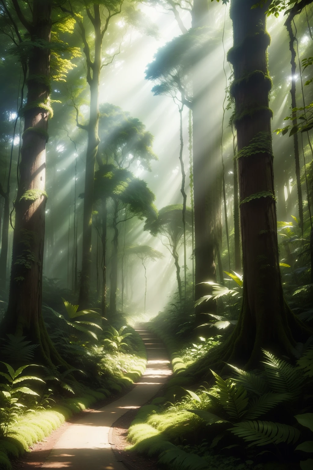 Background: A lush, verdant forest stretches out as far as the eye can see, with towering trees reaching for the sky and a dense undergrowth of ferns and wildflowers. The forest floor is covered in a rich carpet of moss, and dappled sunlight filters through the canopy, casting a warm, golden glow.

