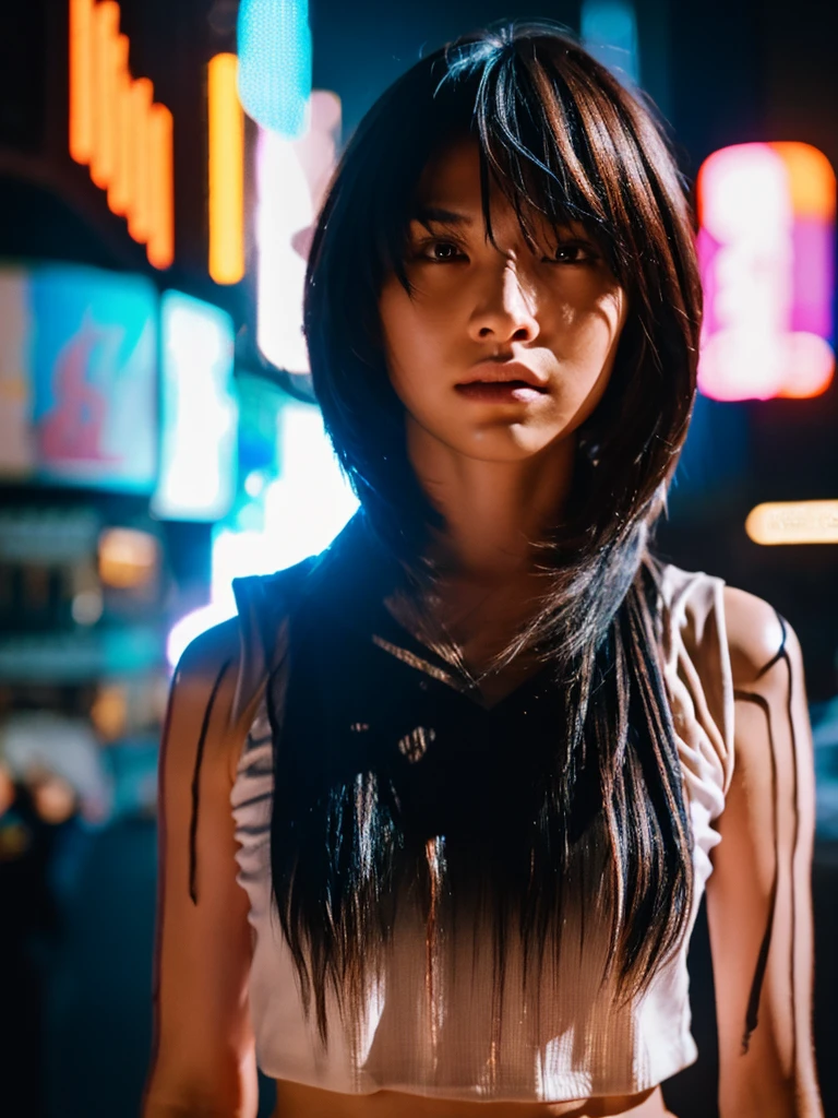 streaked hair, gradient hair, chiaroscuro, depth of field, cinematic lighting, film grain, Fujicolor, UHD, super detail, ccurate, masterpiece, award winning, best quality, anatomically correct, realstic, short hairstyle, detailed face time square detailed background cyberpunk shadow dramatic lighting by Bill Sienkiewicz