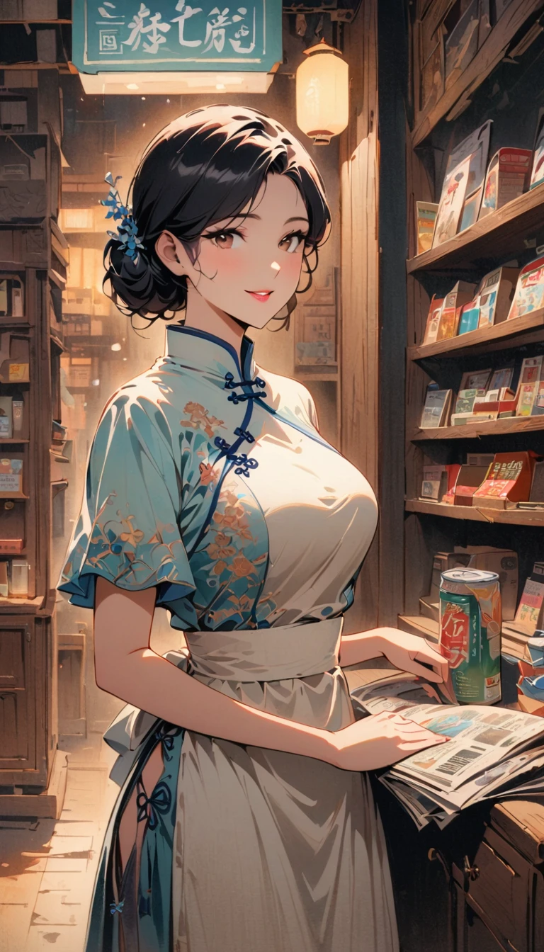 vintage film style, Medium shot, Depth of Field, midnight，Convenience store female owner，Black Hair，Brown eyes，delicate lips，Wear an apron，Confident smile，Neat appearance，Chinese traditional spring clothing，Floral Pattern，Standing in a brightly lit convenience store，antique wooden furniture，Elaborately carved decoration，Chinese traditional elements，Instant noodles on the shelf,Refreshing drinks,Magazine,newspaper，Lottery rack，Clean the floor，Creative store decoration，window sticker，shadow，（best quality，very good，Photorealism），traditional media，Immersive Reality，Street view at night，Outdoor sign light sky，Defocused lights in the background create a warm and inviting atmosphere