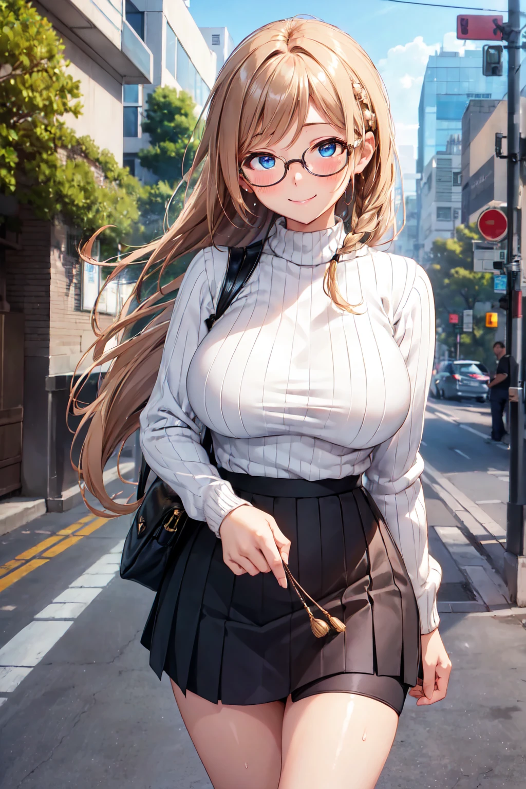 (high quality, High resolution, Finer details), Sidewalk, Side view, alone, girl, Braiding, , Sparkling eyes, (large round frame glasses), (Beautiful Eyes), Big Breasts, ((A kind smile)), blush, Sweat, Oily skin, (focal plane), Shallow depth of field，Knitted sweater，Tight Skirt