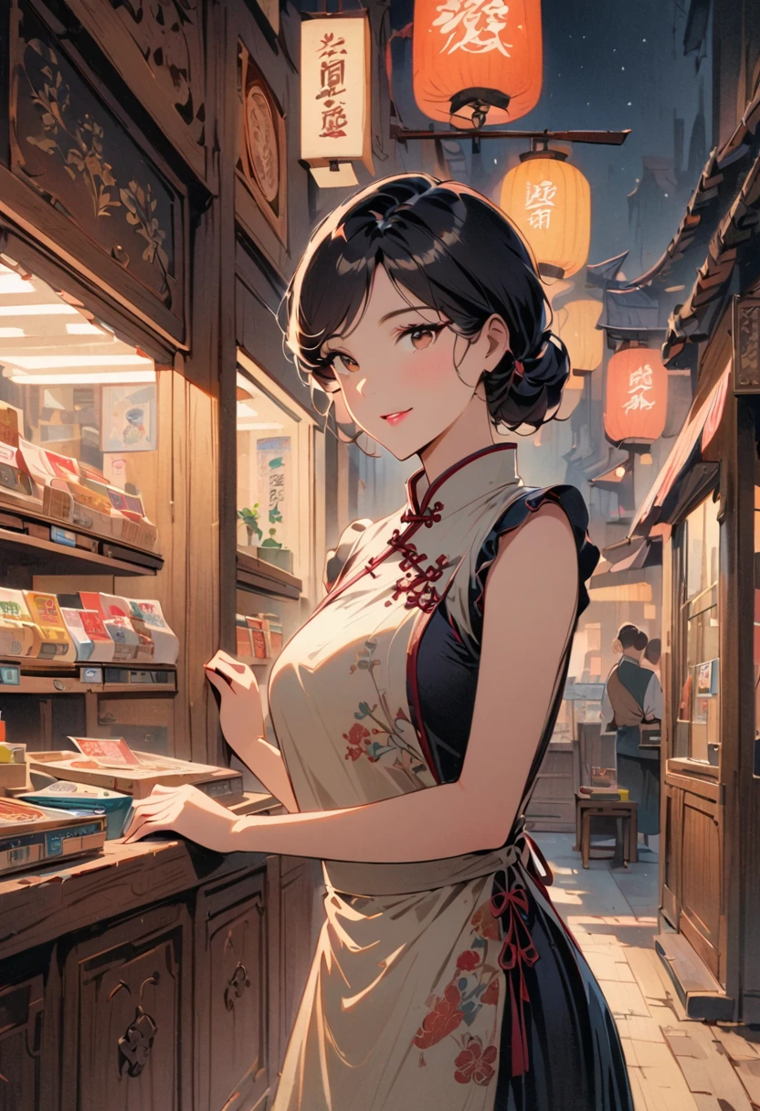 vintage film style, Medium shot, Depth of Field, midnight，Convenience store female owner，Black Hair，Brown eyes，delicate lips，Wear an apron，Confident smile，Neat appearance，Chinese traditional spring clothing，Floral Pattern，Standing in a brightly lit convenience store，antique wooden furniture，Elaborately carved decoration，Chinese traditional elements，Instant noodles on the shelf,Refreshing drinks,Magazine,newspaper，Lottery rack，Clean the floor，Creative store decoration，window sticker，shadow，（best quality，very good，Photorealism），traditional media，Immersive Reality，Street view at night，Outdoor sign light sky，Defocused lights in the background create a warm and inviting atmosphere