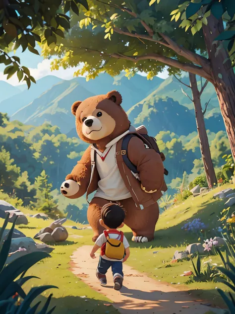 A boy is having an adventure、There is a mysterious bear there