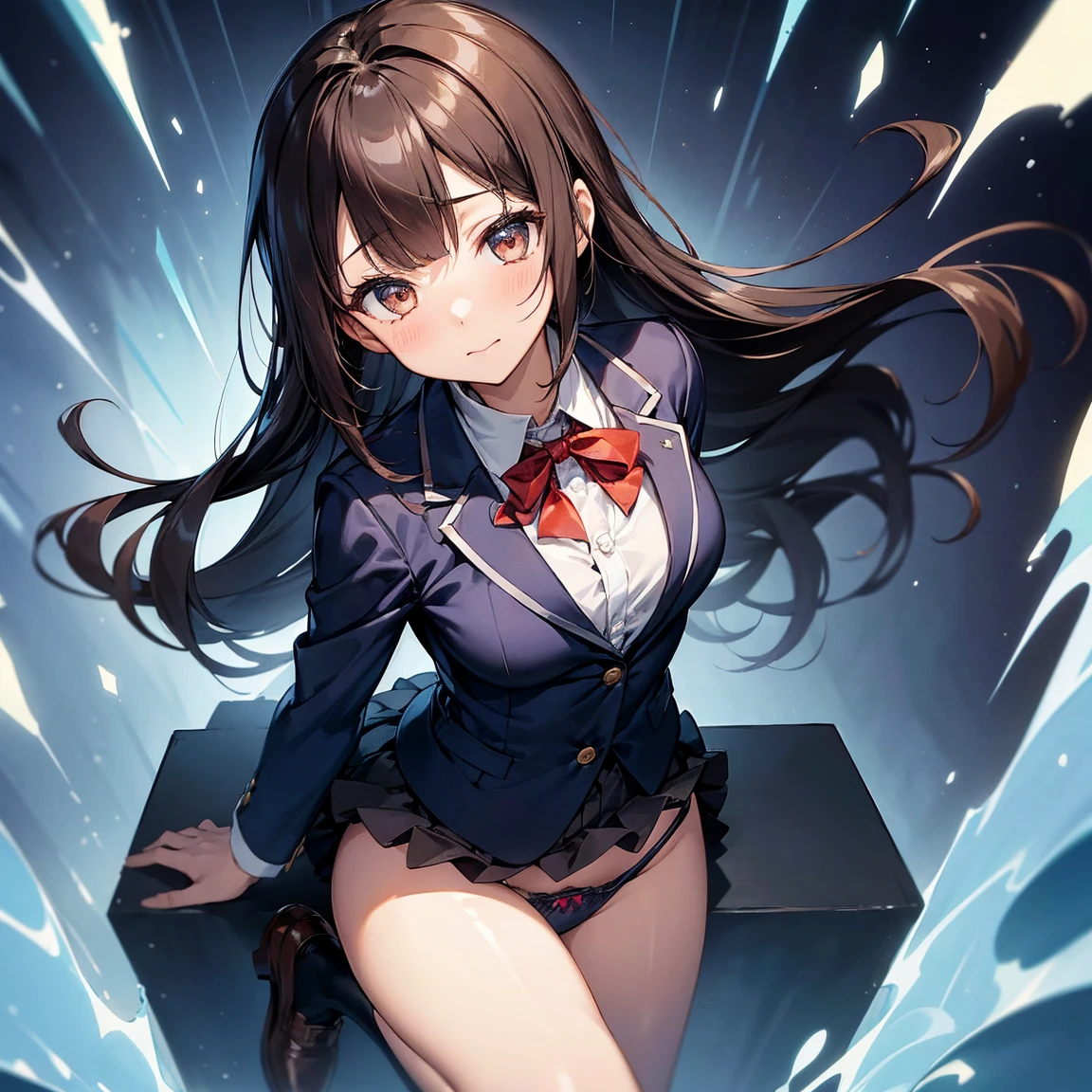 ((((Tabletop, highest quality, highest quality, One Girl, alone, Beautiful Anime、Detailed Images))))、18-year-old、slender、Slightly larger breasts、Thin thighs、((Dark brown hair、straight、Long Hair、Brown eyes、Round eyes、Clear a division、、)),((classroom))、((Dark Blue Blazer、Dark Blue Skirt、、ribbon、loafers)))、Displeased、、Browsing Caution、(((Showing panties、Cute Panties、Fluid overflowing from the female genitalasturbate、Masturbate、Masturbate)))、(sitting on a chair in classroom、Small wooden chair、Place your heels on the floor、Photographed from the front with legs spread)、Above the knees photo、