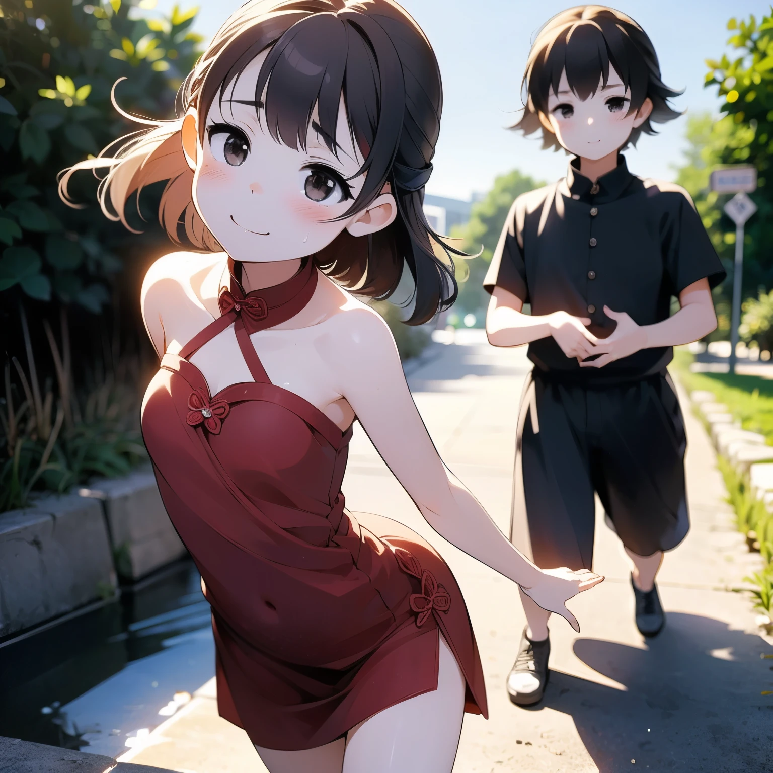 (Two Japanese girls)、masterpiece, 最high quality, high quality, High precision,Highly detailed 8K wallpapers、Innocence、、meadow、noon、Daytime、Walking the riverbed、walk along the riverside、(red shoulders、Flushed skin)、(Cute cheongsam、No underwear、Large slits that reveal thighs)、(riverbed)、(buzzer、Extremely hot days)、(stroll、Sunlight、blushing face)、Cute daughters、Cute kids、(Chest opening、Sweat running down my chest)、Mojimoji、(Embarrassed smile)、defenseless、Cute squid belly、Pure、Cute face、being somewhat excited、cat、Thin chest、Tsurupeta、Cute face、No fixes、thin、Before menarche、（girl、小daughter、delicate、Fox Ears、Fox Tail、brown hair、Gray Hair、Slimming、Beautiful belly）、（girl、daughter、younger sister、jiu）、