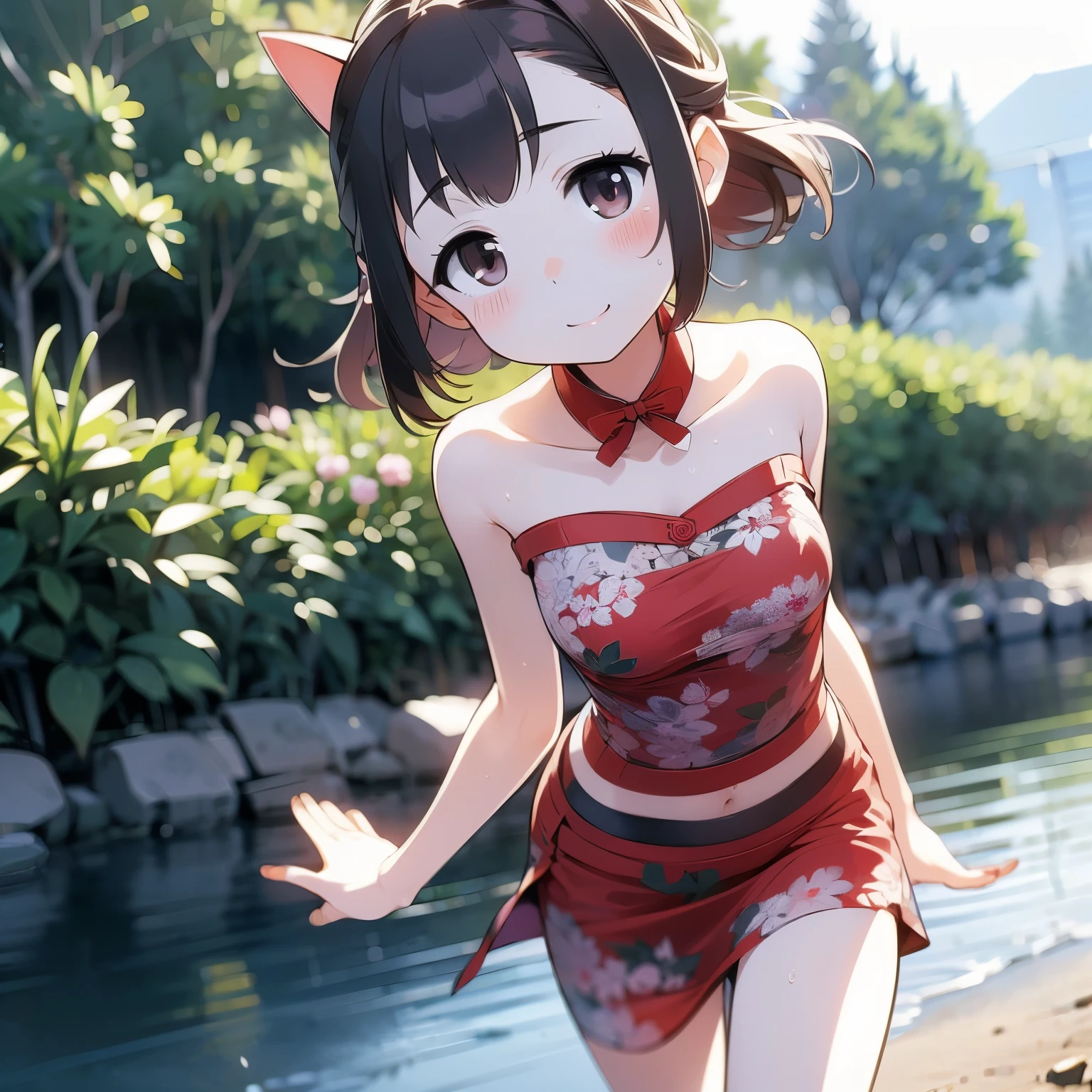 (Two Japanese girls)、masterpiece, 最high quality, high quality, High precision,Highly detailed 8K wallpapers、Innocence、、meadow、noon、Daytime、riverbankを歩く、walk along the riverside、(red shoulders、Flushed skin)、(Cute cheongsam、No underwear、Large slits that reveal thighs)、(riverbank)、(buzzer、Extremely hot days)、(stroll、Sunlight、blushing face)、Cute daughters、Cute kids、(Chest opening、Sweat running down my chest)、Mojimoji、(Embarrassed smile)、defenseless、Cute squid belly、Pure、Cute face、being somewhat excited、cat、Thin chest、Tsurupeta、Cute face、No fixes、thin、Before menarche、（girl、小daughter、delicate、Fox Ears、Fox Tail、brown hair、Gray Hair、Slimming、Beautiful belly）、（girl、daughter、younger sister、jiu）、