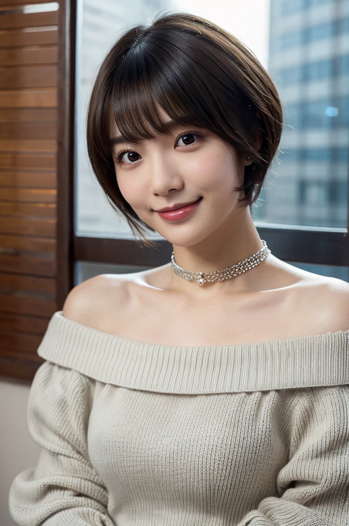 highest quality, masterpiece, Ultra-high resolution, Realistic, 1 girl, Off the shoulder, knit, smile, smile, Slightly visible, Extra large_sweater, Soft lighting, Fine skin, bangs, Black Hair, Clear Eyes, Short Bob Hair, Transparency, Japan, Beautiful woman, Upper Eye, Lip gloss, Black Chic Choker, Teardrops, Mole on chest, Eye highlights