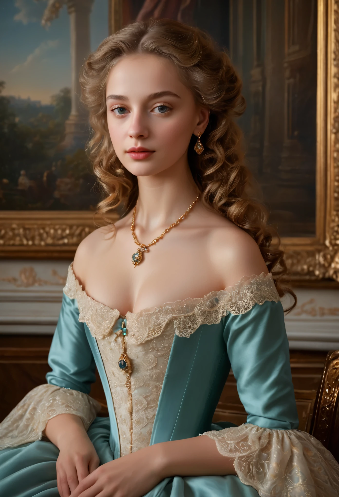 (best quality,4k,8k,highres,masterpiece:1.2),ultra-detailed,(realistic,photorealistic,photo-realistic:1.37),portrait,painting,pastels,personalized masterpiece,18th century,Russian,aristocratic,girl,noble daughter,14 years old,extremely beautiful,face,expressive eyes,delicate nose,luscious lips,porcelain skin,rosy cheeks,flowing curls,silky dress,stately posture,fine jewelry,embroidered lace collar,grand background,opulent interior,faint golden light