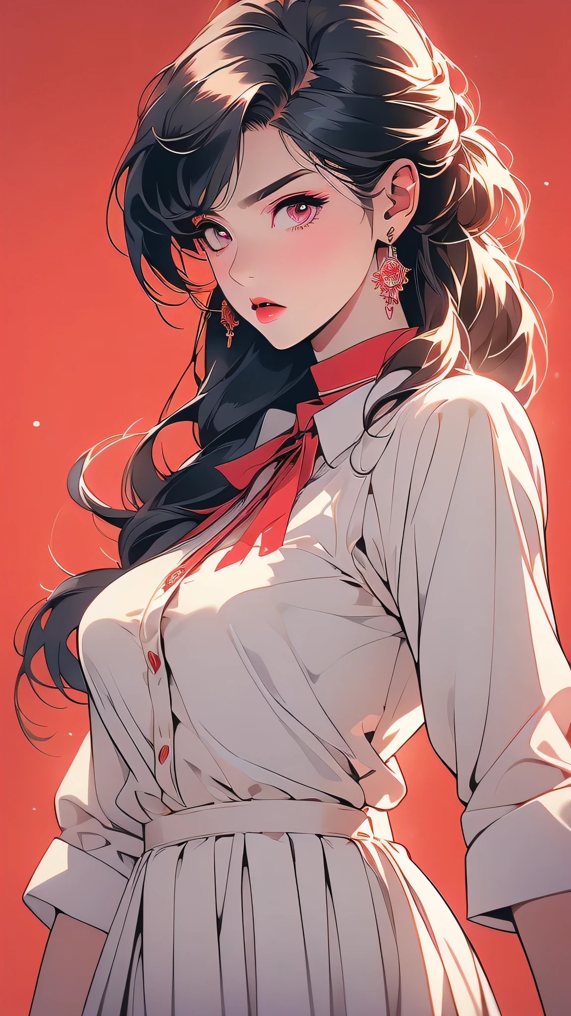 ((glaring))、Red eyes, Black Hair、short hair、Clear Eyes, choker, Torn、Blue pubic hair catches my eye,Bright red background、((Red background)), 1 female, 22 years ago, Whole Body Ezbian,Big and ample breasts, anger, (Scarlet Hair), Long Hair, (Natural skin texture vivid details, Surreal, (Realistic eyes, Natural skin texture, Realistic facial details), Soft and dramatic lighting, Written boundary depth, Bokeh, vivid details, Surreal,lipstick, ear piercing, eye shadow, Hoop Earrings, red pink lips, multicolored red eyes,Beautiful Eyes,((Bold Pose))、Strike a Pose,upper ponytail,drooping bangs,Droopy eyes、((school uniform))、((high school girl)),spread your arms wide、Get angry
