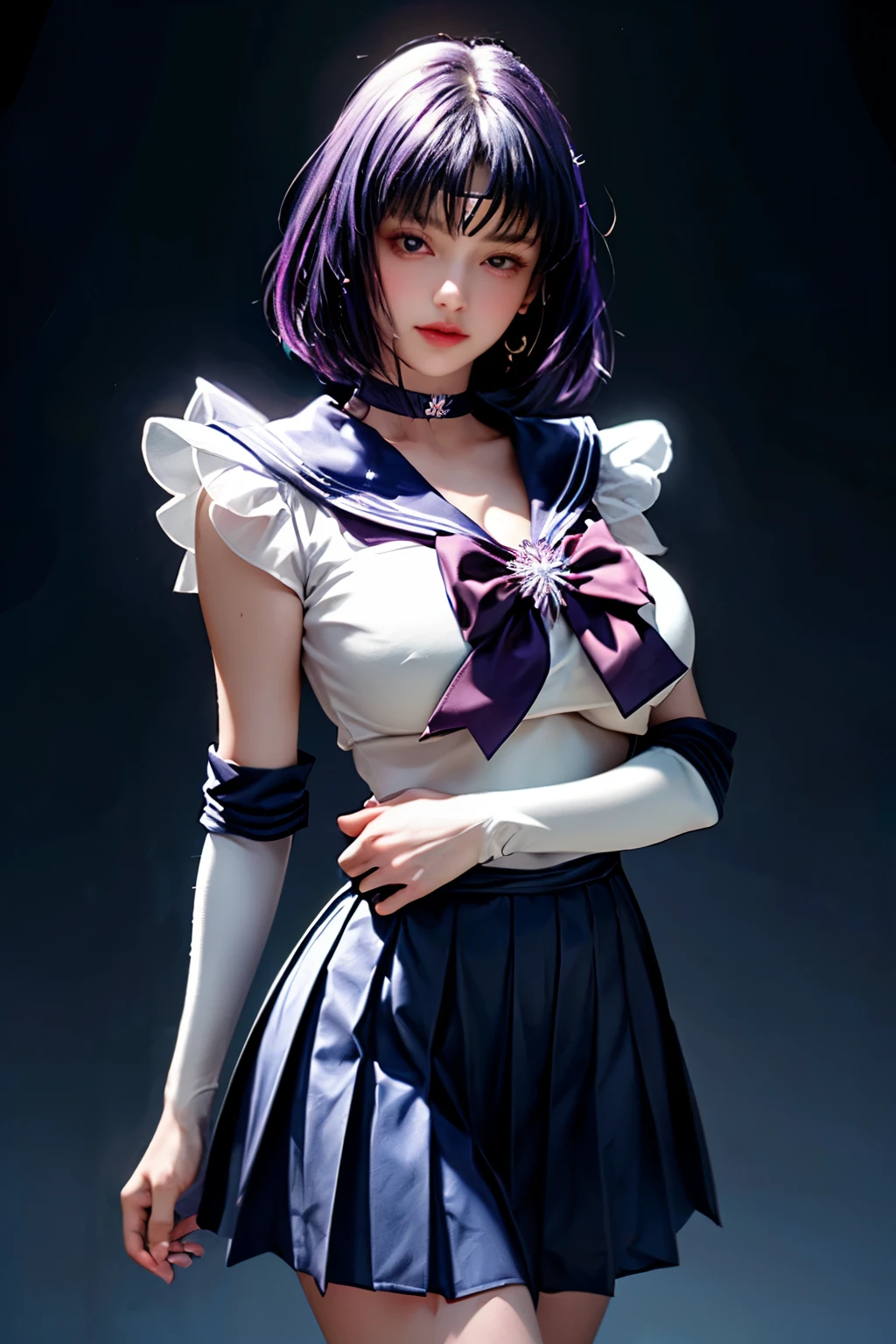 (Ultra-realistic,32k, masterpiece:1.2),(Skin with attention to detail:1.1),( high quality:1.1),
Sailor Saturn,despair,Purple Hair, tiara, Sailor Warrior Uniforms, Purple sailor color, Pleated skirt, Elbow hand pockets, jewelry, brooch, choker, Blank Background Blurred Background,, Huge breasts,big breasts,(View your viewers, Portraiture:1.1), (Bioluminescent:1.1),