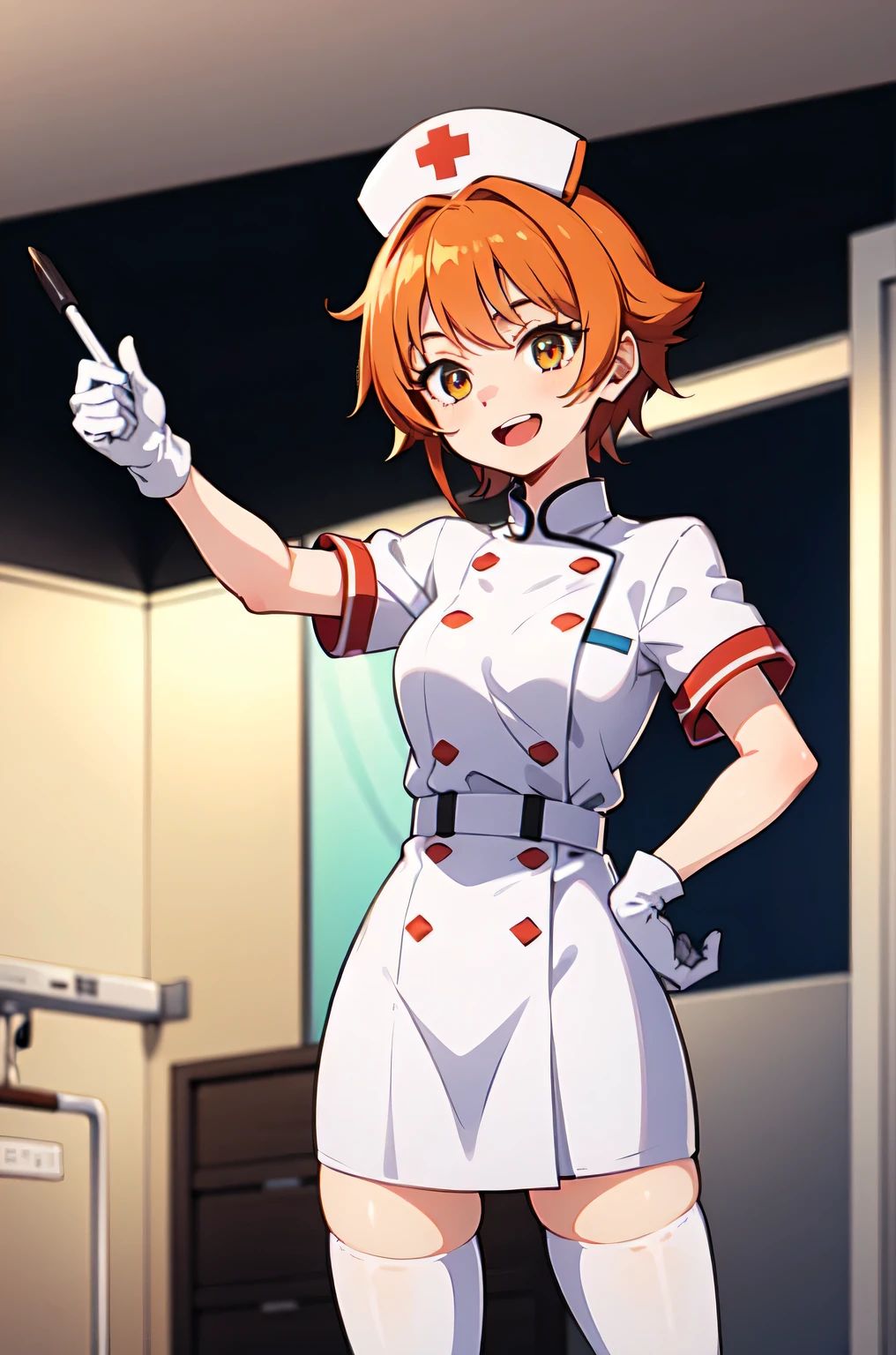 1girl, solo, nurse, nurse cap, white nurse uniform, ((white legwear, zettai ryouiki)), white gloves, very short hair, orange hair, smile, open mouth, standing, ((hospital room)), sharp outline, short sleeves, tomboy, boyish, best quality, masterpiece