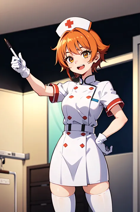 1girl, solo, nurse, nurse cap, white nurse uniform, ((white legwear, zettai ryouiki)), white gloves, very short hair, orange hai...