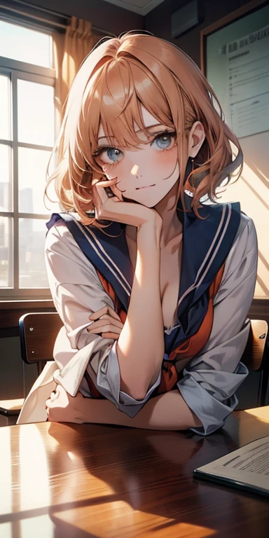 Blue-orange curls are curved inward，，There is a strong sense of freshness and freshness,girl with,((serafuku)), hands on one's face, Elbows on the desk, Sit up, ‎Classroom, sunlights, window, see the beholder, Face in Love, I can see the cleavage:1.2, The finest beige underwear, Best Quality,Ultra-detailed, High resolution, extremely details CG, Unity 8k wallpaper,  Caustics, textile shading, super detailed skin, Perfect Anatomy, Detailed, Cinematic lighting, Dynamic lighting, Beautiful detailed eyes, (top-quality), (ultra-detailliert), (masuter piece), (hight resolution), (Original), Character Design, Game CG, Detailed Manga Illustration, Realistic head-to-body size ratio:1.2