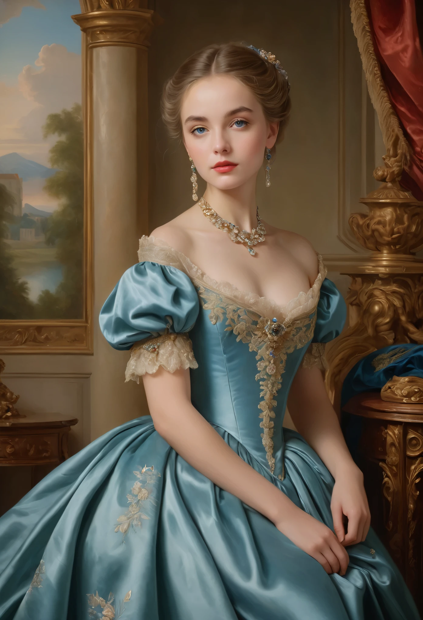 (高解析度,傑作:1.2),(實際的:1.37)18世紀法國貴族少女肖像，美麗無與倫比. 她擁有迷人的藍眼睛和精緻的紅唇. 肖像畫的細節非常細緻, 捕捉她特徵的每一個細微差別. 她身著精緻的絲綢禮服, 飾有複雜的蕾絲和精緻的刺繡. 這幅畫展現了那個時代的富裕, 背景是豪華的天鵝絨窗簾和鍍金家具. 燈光柔和且擴散, 凸顯女孩的空靈之美. 色彩鮮豔豐富, 創造迷人的視覺體驗. 肖像畫採用古典肖像畫風格創作, 讓人想起那個時代著名藝術家的作品. 它散發著優雅的氣息, 優雅, 和複雜程度.