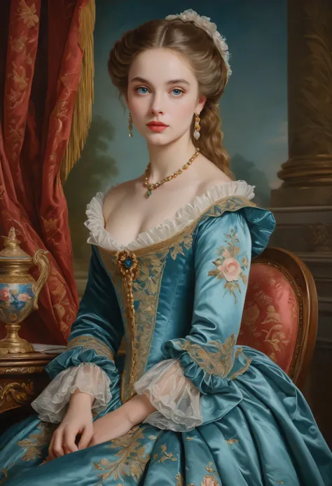 (highres,masterpiece:1.2),(realistic:1.37)A portrait of a French aristocrat girl in the 18th century with unparalleled beauty. S...