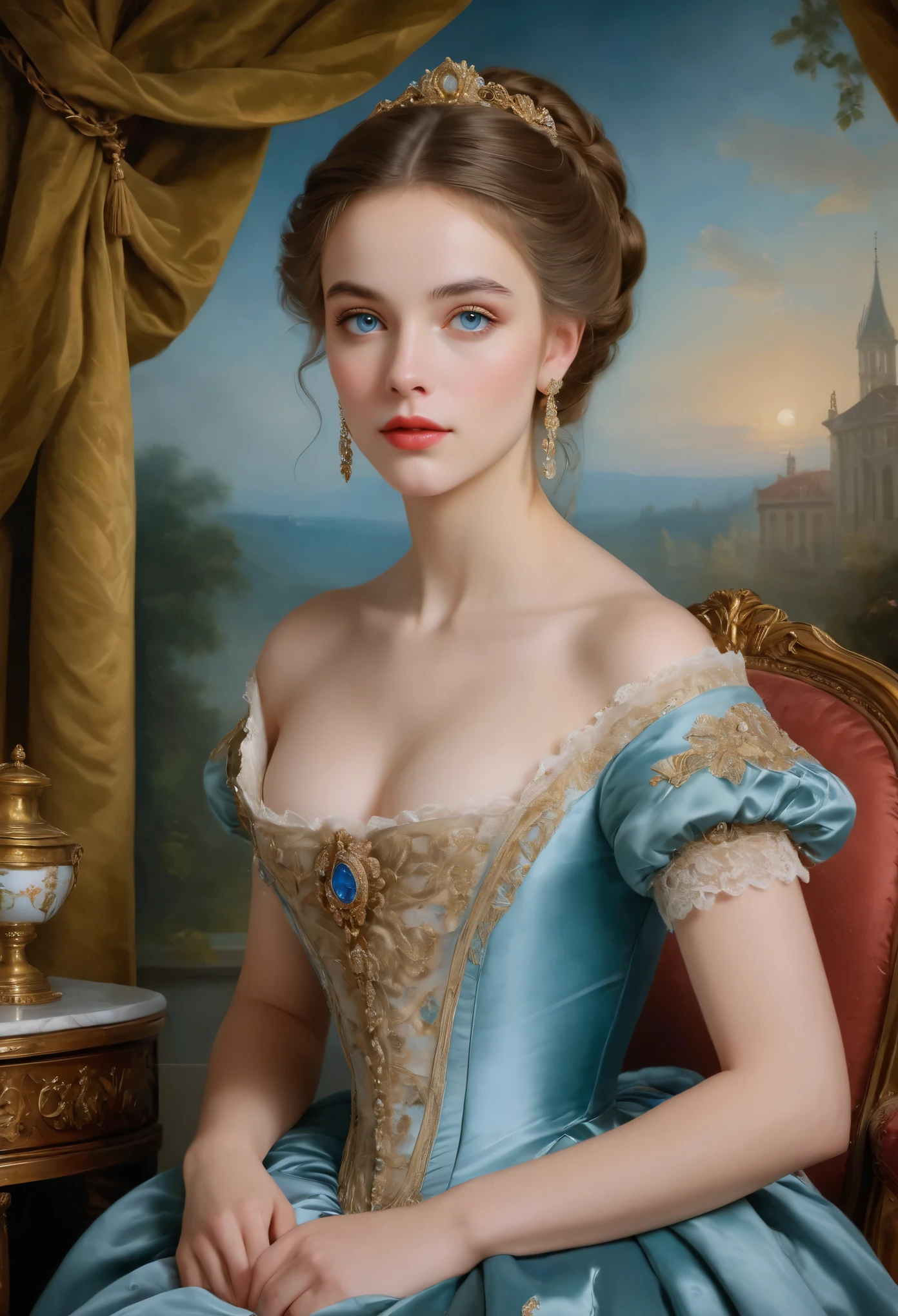 (highres,masterpiece:1.2),(realistic:1.37)A portrait of a French aristocrat girl in the 18th century with unparalleled beauty. She has mesmerizing blue eyes and delicate rosy lips. The portrait is meticulously detailed, capturing every subtle nuance of her features. She is adorned in an exquisite silk gown, embellished with intricate lace and delicate embroidery. The painting showcases the opulence of the era, with lush velvet curtains and gilded furniture in the background. The lighting is soft and diffused, accentuating the girl's ethereal beauty. The colors are vibrant and rich, creating a captivating visual experience. The portrait is created in the style of classical portraiture, reminiscent of the works of renowned artists from the era. It exudes elegance, grace, and sophistication.