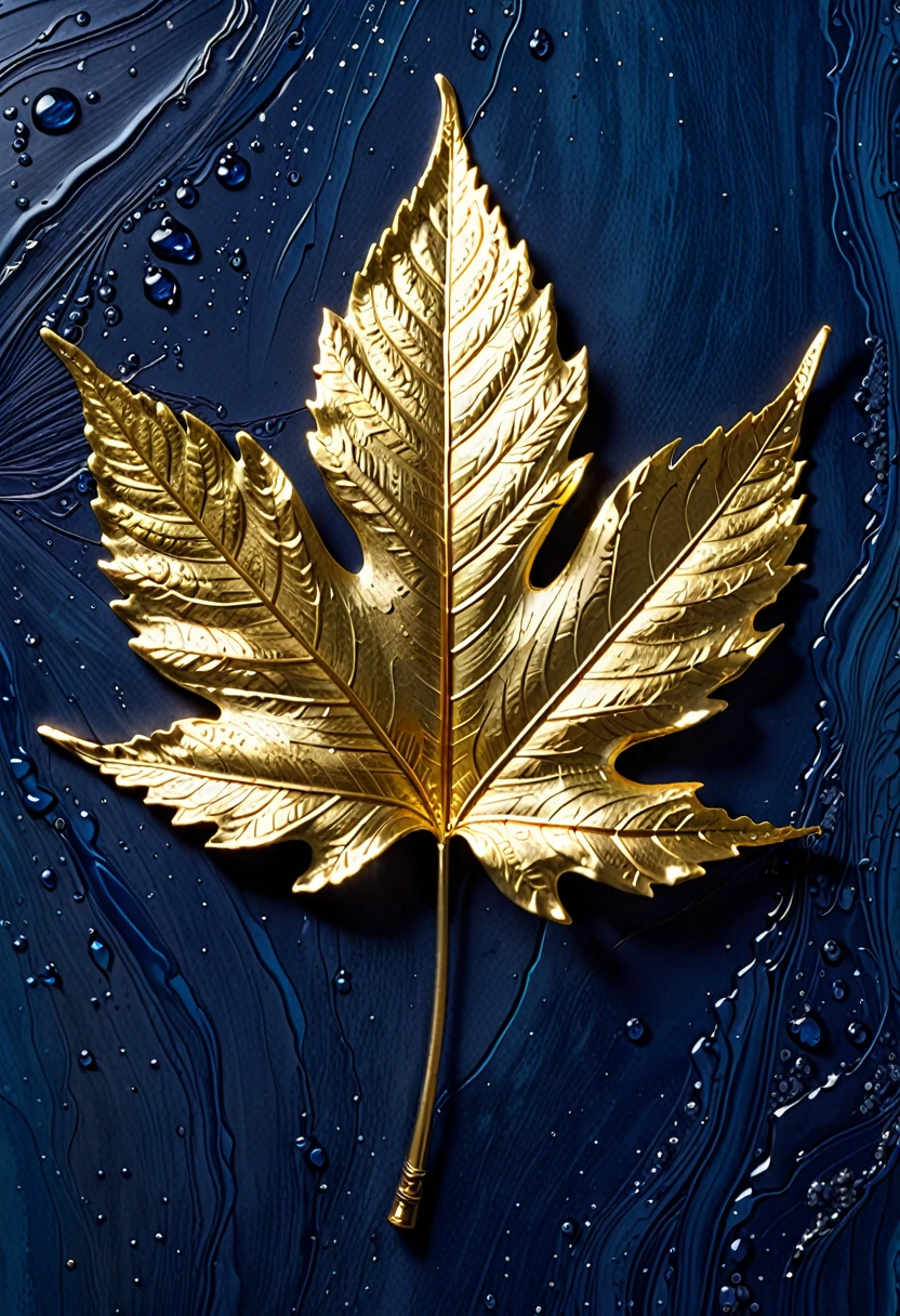 The image shows a piece of artwork featuring a gold leaf leaf. The leaf is intricately detailed, with the veins and textures of the leaf rendered in a realistic manner. The gold leaf has a shiny, metallic appearance, and the leaf is set against a solid blue background, which contrasts with the golden color and highlights the leaf's details. The artwork is likely created using a technique that involves applying thin sheets of gold to a surface, which is a common method for creating decorative or artistic pieces.