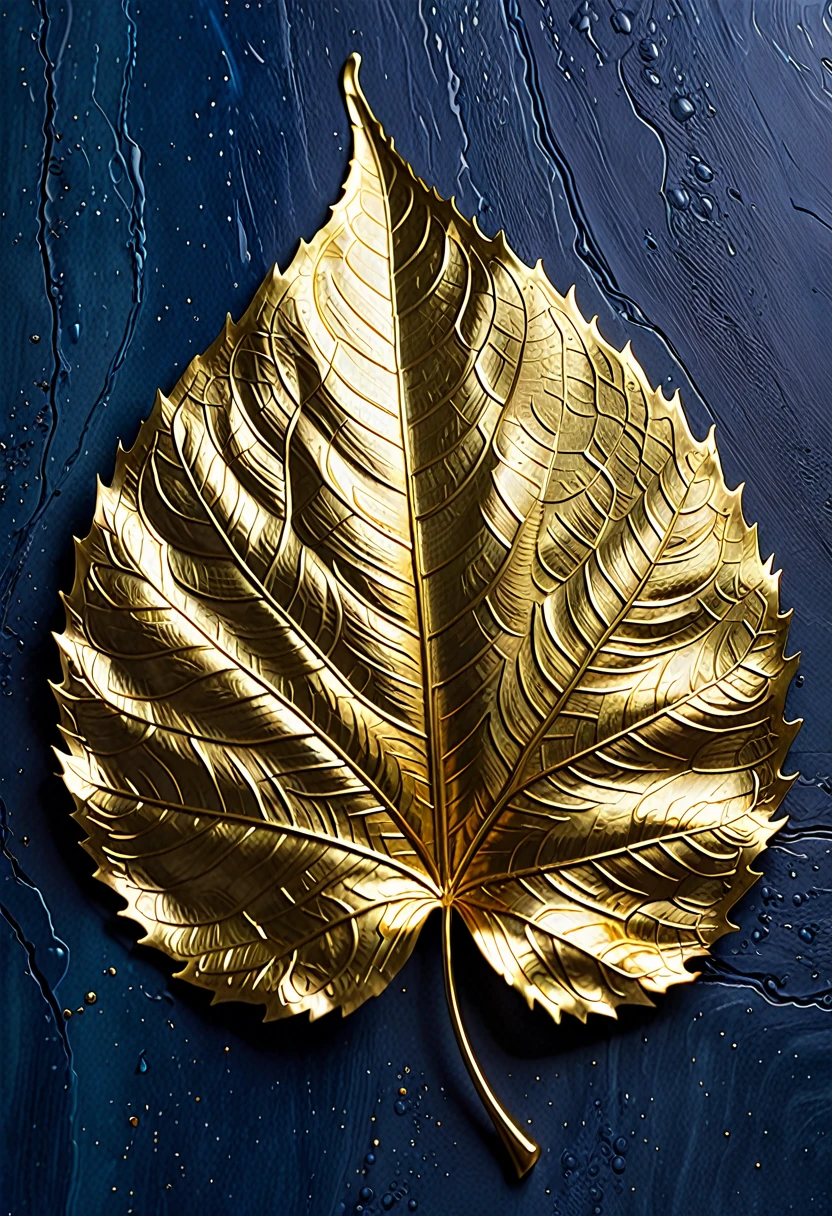 The image shows a piece of artwork featuring a gold leaf leaf. The leaf is intricately detailed, with the veins and textures of the leaf rendered in a realistic manner. The gold leaf has a shiny, metallic appearance, and the leaf is set against a solid blue background, which contrasts with the golden color and highlights the leaf's details. The artwork is likely created using a technique that involves applying thin sheets of gold to a surface, which is a common method for creating decorative or artistic pieces.