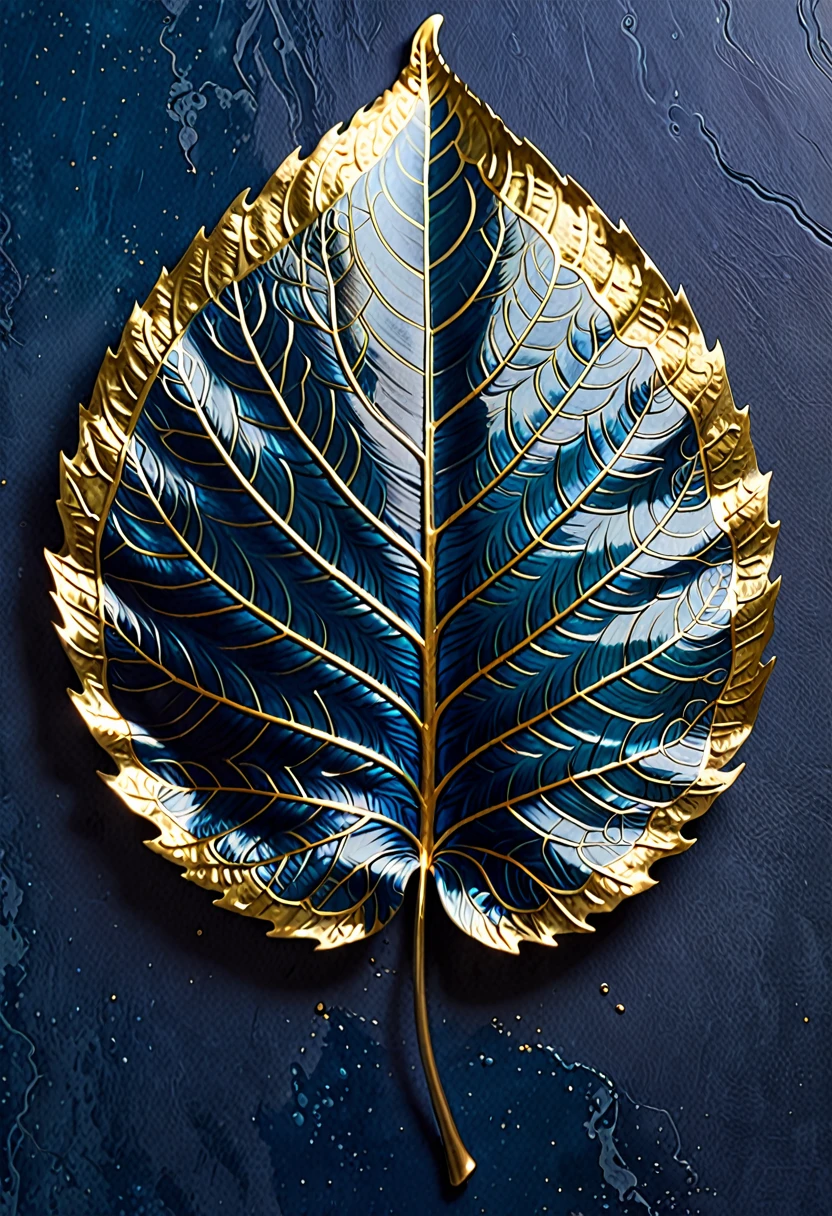 The image shows a piece of artwork featuring a gold leaf leaf. The leaf is intricately detailed, with the veins and textures of the leaf rendered in a realistic manner. The gold leaf has a shiny, metallic appearance, and the leaf is set against a solid blue background, which contrasts with the golden color and highlights the leaf's details. The artwork is likely created using a technique that involves applying thin sheets of gold to a surface, which is a common method for creating decorative or artistic pieces.