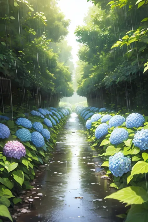 a rainy road leads to a dirt hydrangea garden