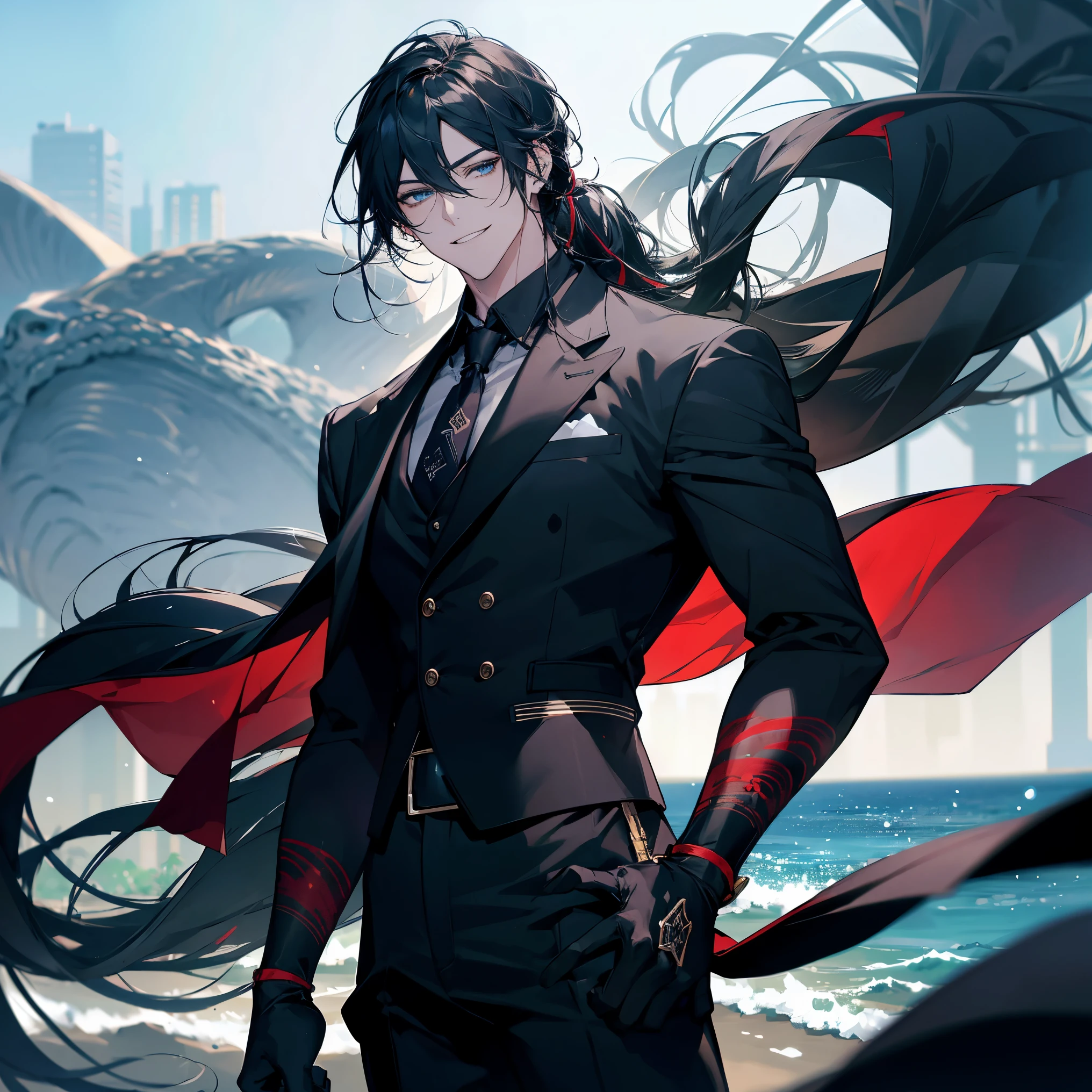 1 male,, 24 year old, masculine, Trimmed black hair, Attractive,black suits, red tie, White shirt, Black belt, Black pants, Long large eyes of ocean color,,Beautiful blue eyes、beautiful hair、grin, Mischievous, gloves, Trending on ArtStation, 8K resolution, Highly detailed, Anatomically correct, Sharp Image, Digital Painting, Concept art,of the highest quality、simple background