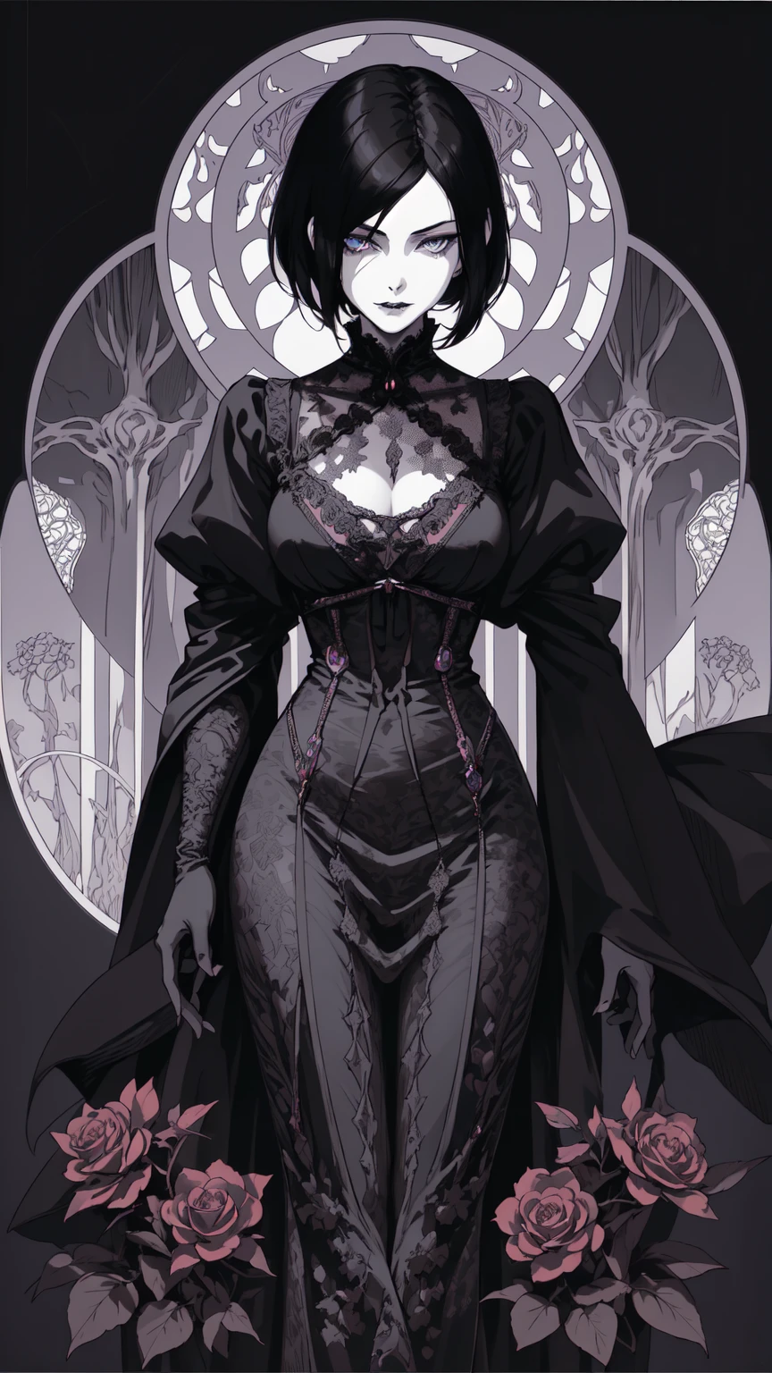 Basic Art Nouveau，Vampire woman with black hair and blue eyes，short hair，（Upper body portrait），young，(((Oval face)))，Dark clothing，Soft and melancholy face，Beautifully，No wrinkles，Gothic style，Synthwave meets Art Nouveau，Bold and smooth lines，Dynamic composition of organic Art Nouveau patterns，Intricate roses and patterns intertwined with geometric shapes，Characters that embody vampires Mysterious Gothic atmosphere，Feminine but calm expression，Art Nouveau pattern dress，Digital grid landscape with natural forms，Neon-like outline effect reminiscent of stained glass，White background，High contrast，Easy to color，visual clarity，French Art Nouveau，80s vaporwave art style。Maximum details，